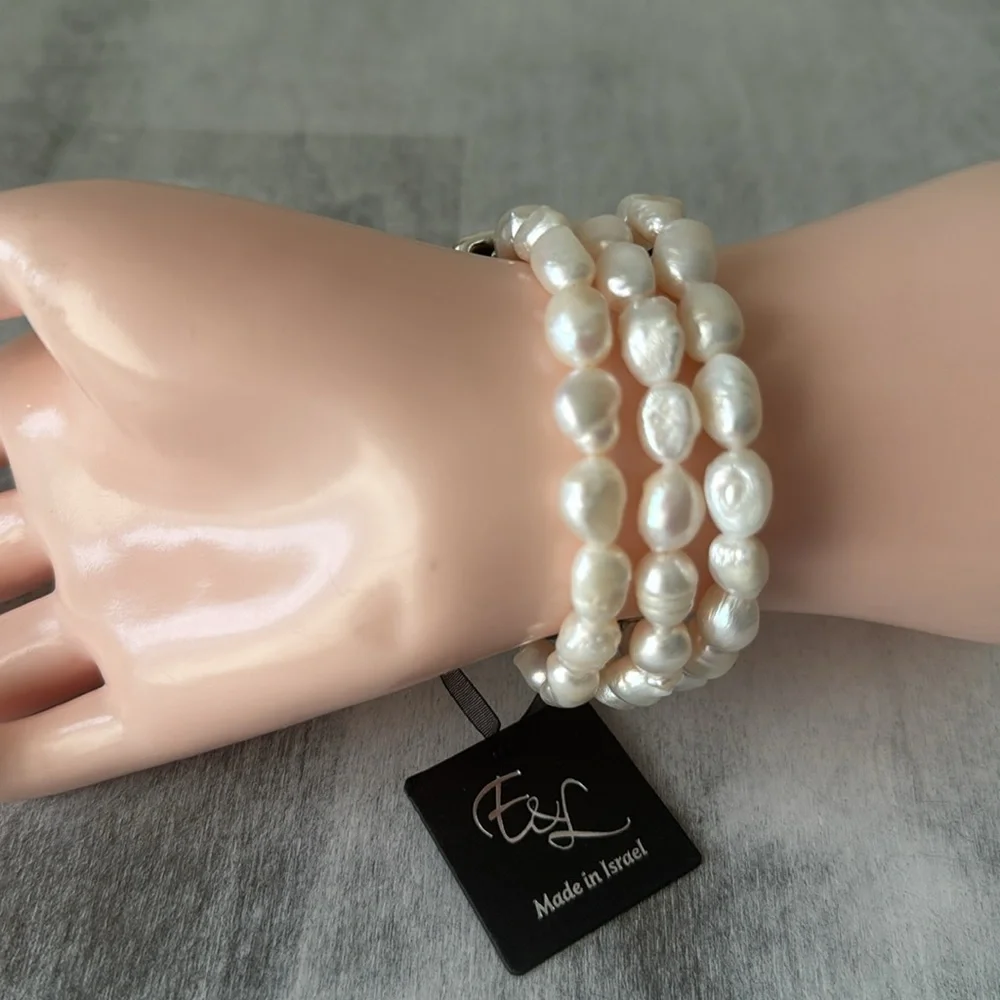 E&L 925 Sterling Silver Israel Fresh Water Pearl Electroform Magnetic Bracelet